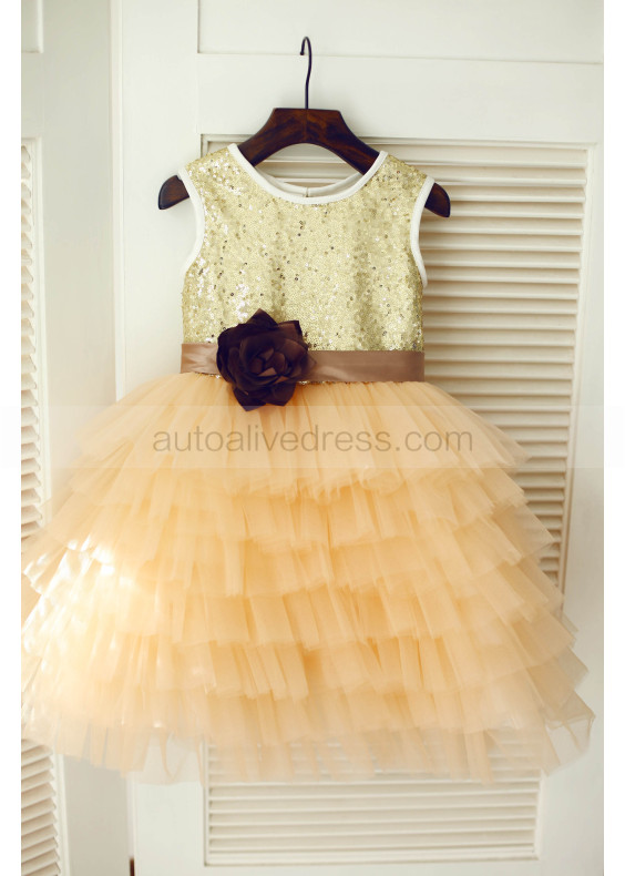 Gold Sequin Champagne Ruffle Tulle Knee Length Flower Girl Dress